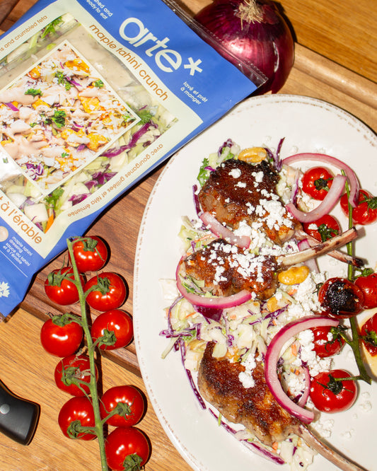 Harissa lamb chops with maple tahini crunch