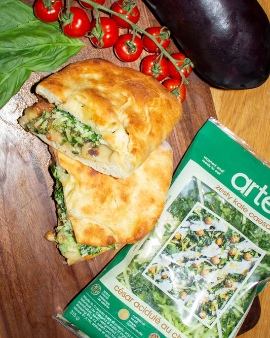 Cheesy pizza pockets with zesty kale caesar